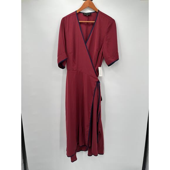 ELOQUII NWT Marroon with Navy Trim Short Sleeve Wrap Dress // 18 - Picture 2 of 10